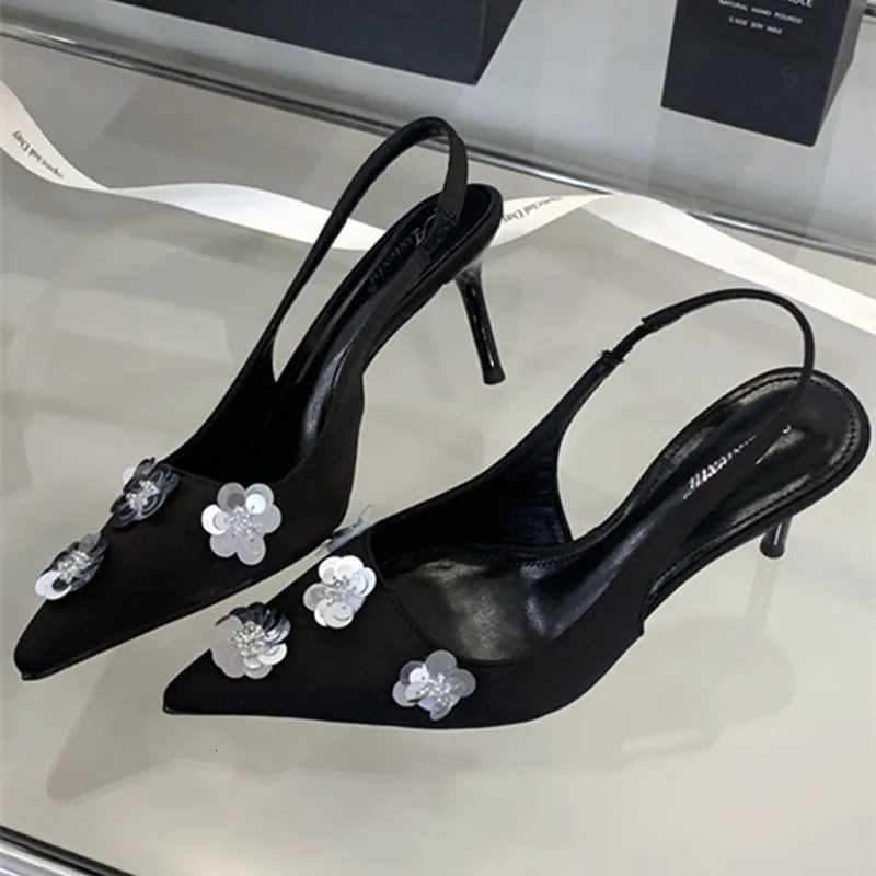 Summer Bling Applique Design Thin High Heels Women Sexy Pointed Toe Satin Back Strap Heeled Sandals Elegant Banquet Dress Shoes Z251015
