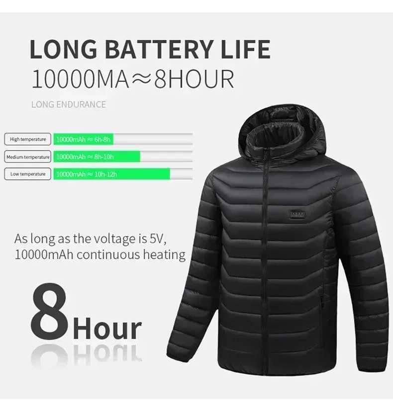 21 Zone Heating Jacket Black Hooded Jacket Outdoor Mountaineering Ski Suit MultiZone Heating Fast Warming Up Cotton Coat 2024 H251017