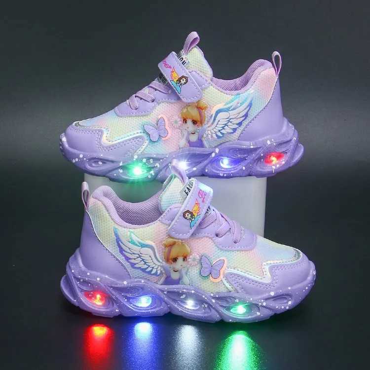 Girls LightUp Elsa Sneakers Spring 2025 Breathable Mesh Leather Sports Shoes Versatile School Play WearT251017