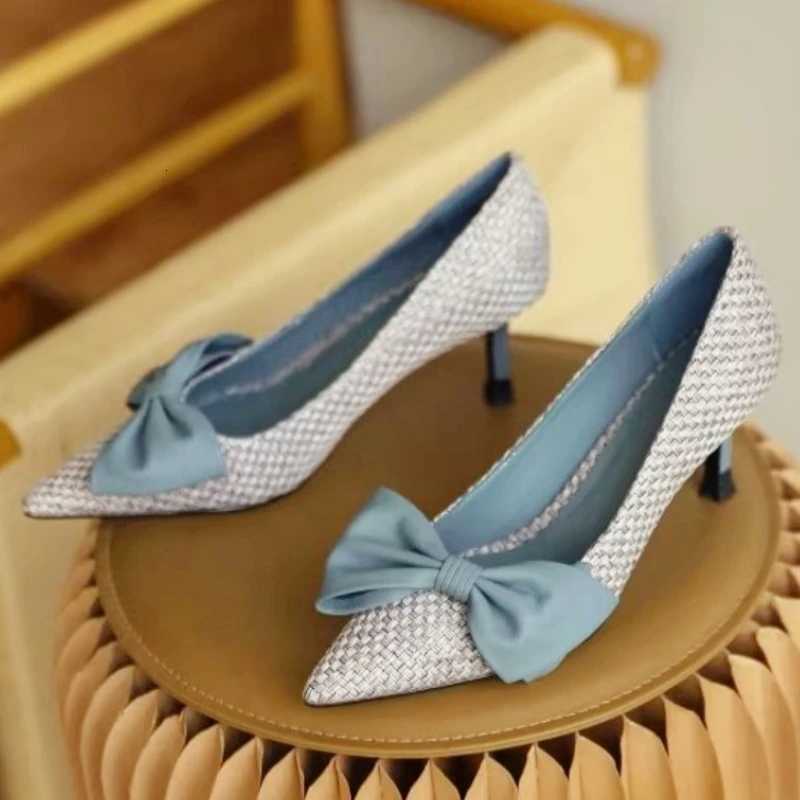 Woven Bow Designer Brand High Heels Women Fashion Shallow Patchwork Slide Sandal Elegant Simple Pointed Toe Thin Heel Dress Shoe Z251015
