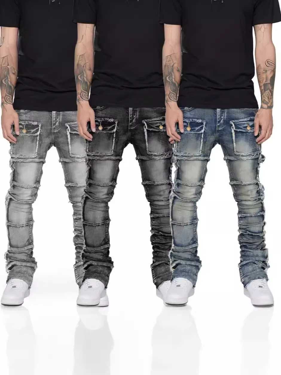 2025 New Trendy Men Jeans European and 1 Fashionable Workwear with Patch Elastic Laminated and Slightly Flared Men Den Y251105