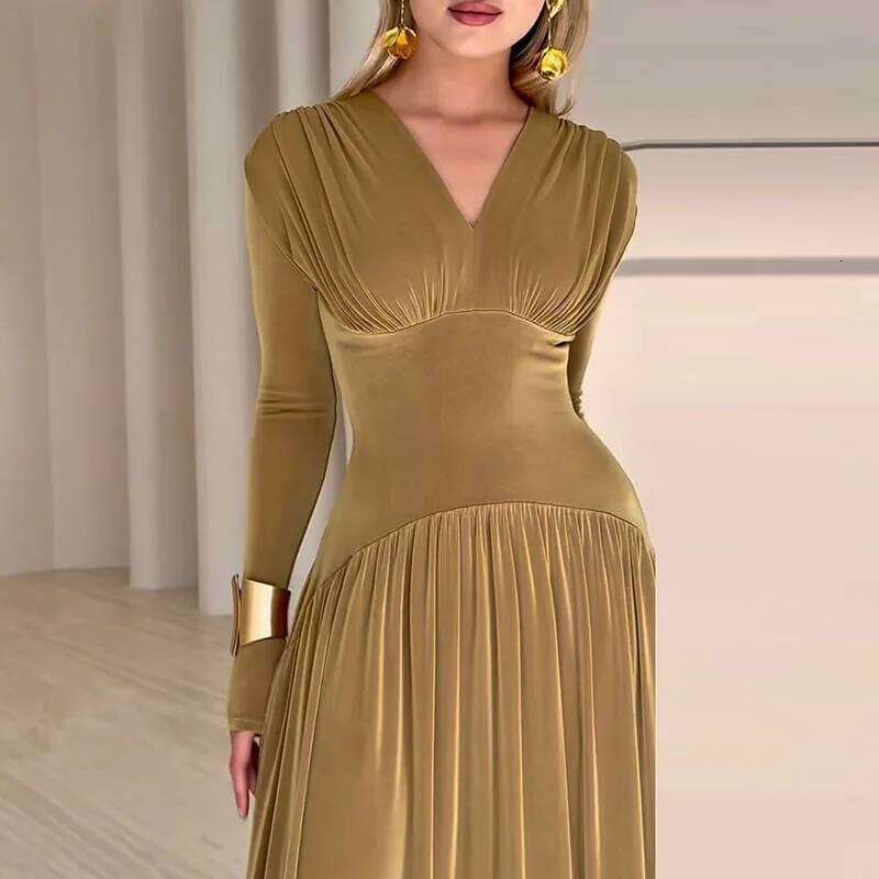 Office Casual High Waist Long Sleeved Dresses Fashion Women's V Neck Solid Color Veet Sexy Slim Fit Pleated Robe Dress