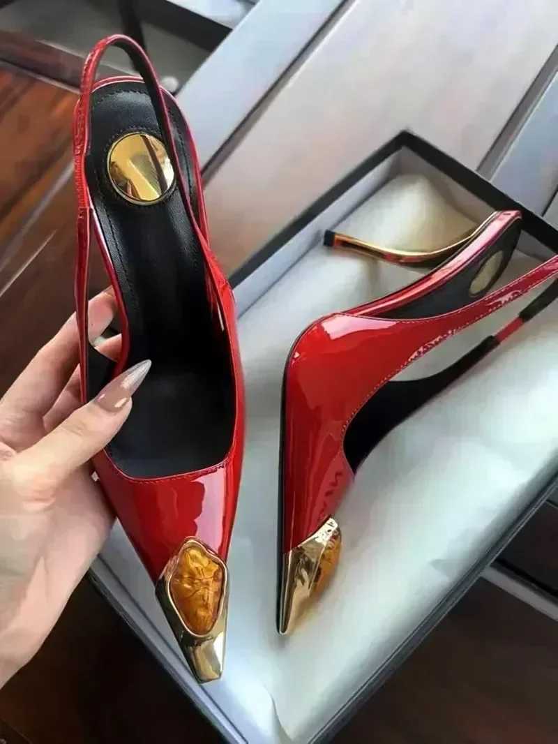 Luxury Metal Jewel Decoration Heels Women 2025 Sexy Pointed Toe Patent Leather Women Pumps Elegant Banquet High Heeled Sandals Z251015
