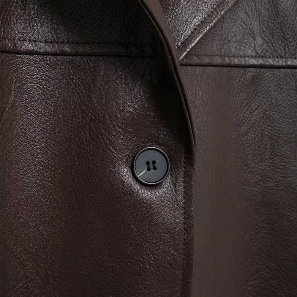 2024 American Retro Women Brown Red PU Leather Blazer Notched Collar Full Sleeve Midi Long Oversized Suits Loose OuterwearT251017