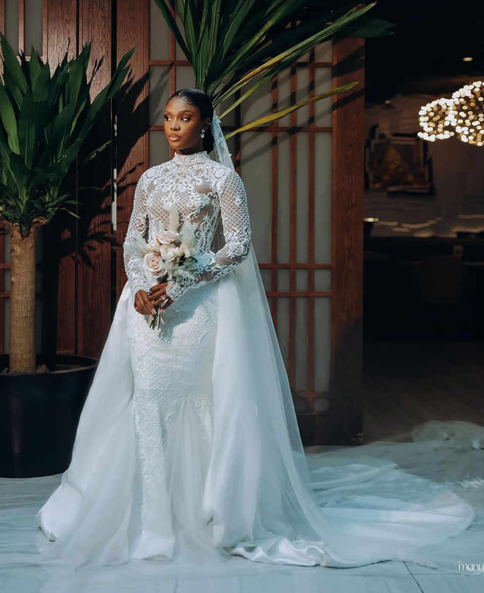 Elegant Mermaid Wedding Dress High-Neck 3D-Lace Bridal Gowns Shine Sequins Appliques Vestina De Novia Plus Size Customized H252570