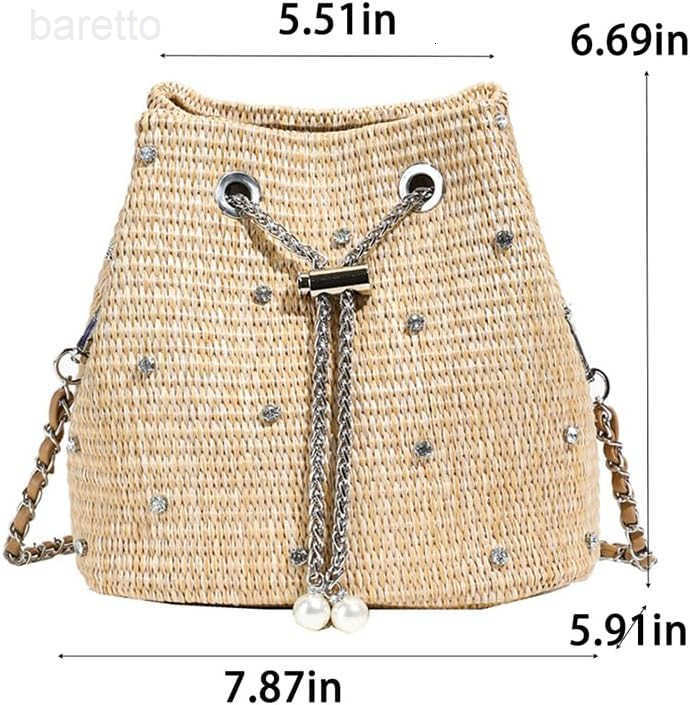 Straw Bucket Purse for Women Summer Vacation Crossbody Purses Beach Bag Beaded Rhinestone Handbag Z251017