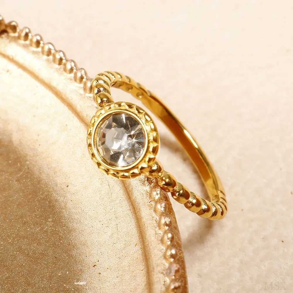 Personality Round Beads Ring Band Small Clear Crystal Zircon Waterproof Stainless Steel Gold Rings Simple Granular Fine JewelryW251017