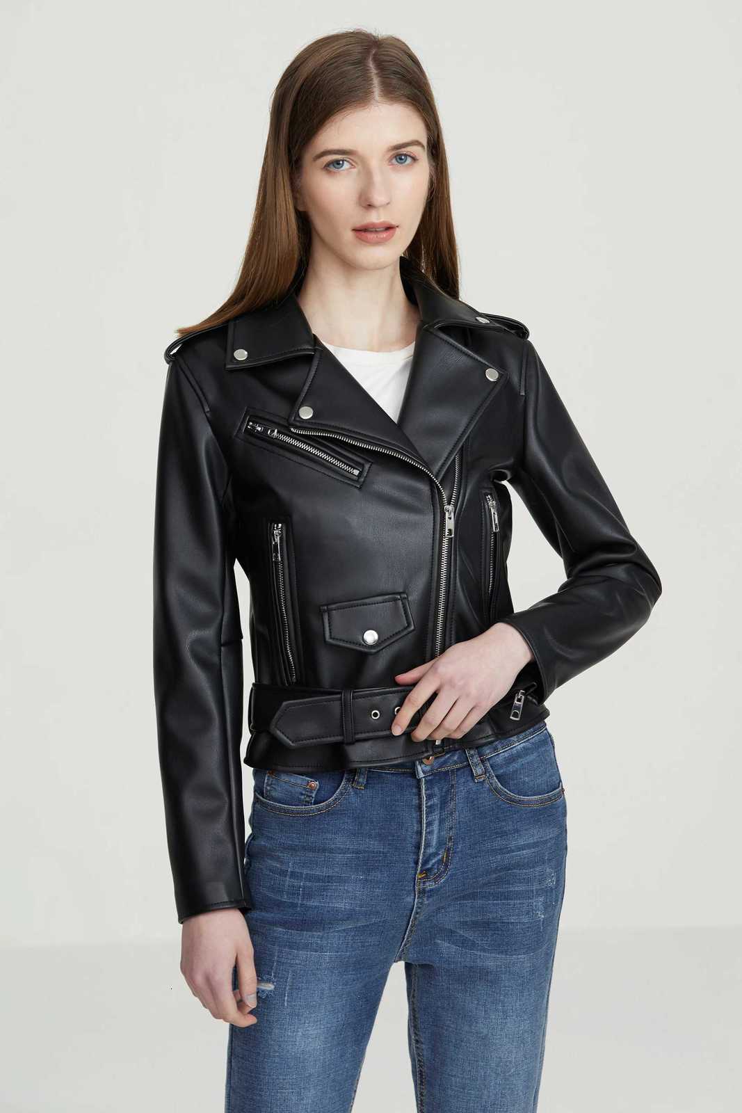 Womens Moto Biker Black Punk Coat Lady with belt Leather Jacket Faux PU Leather OuterwearT251017