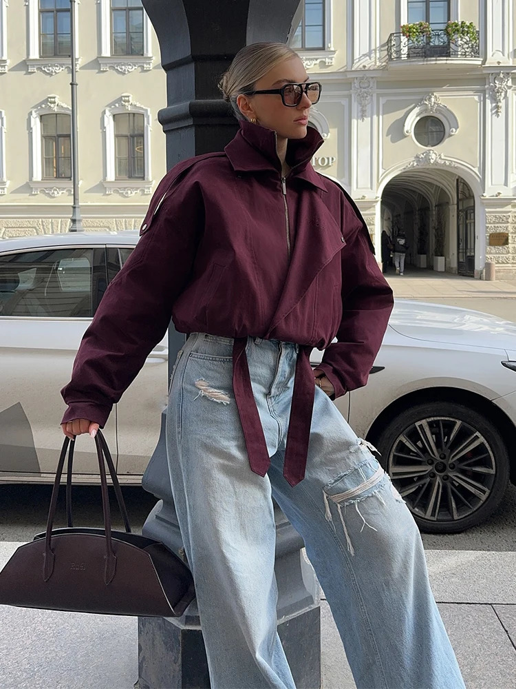 Fashion Wine Red Zipper Loose Overcoat Women Chic High Collar Long Sleeve Lace Up Elastic Waist Jacket Female Commute Daily Coat 251017