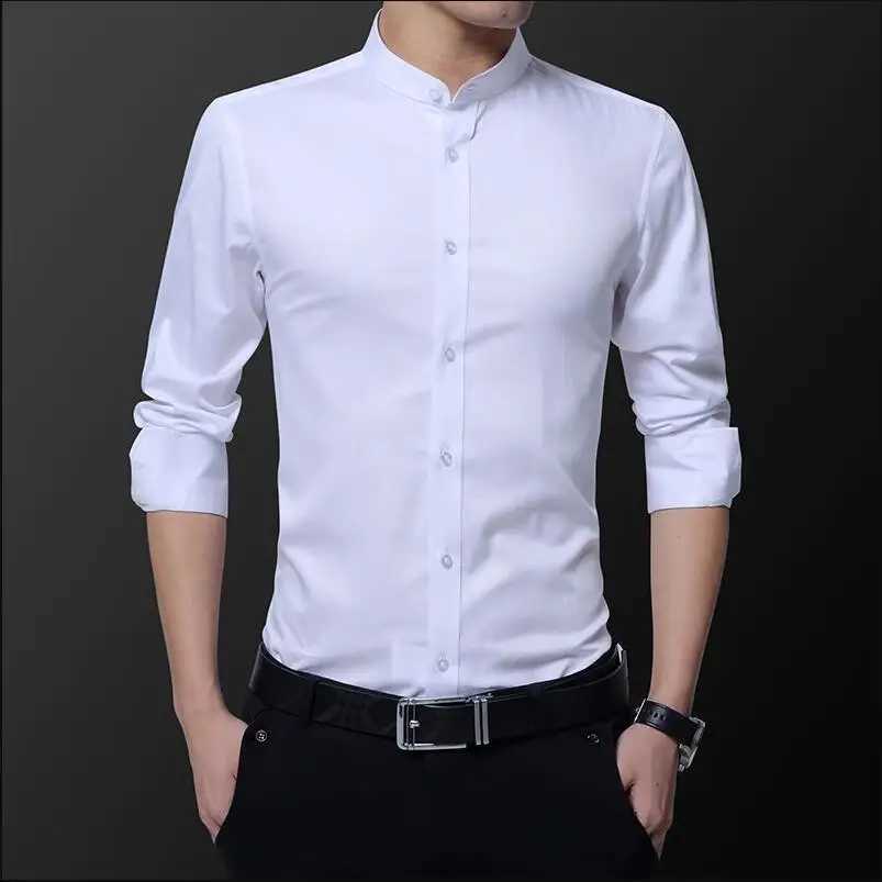Black Male Stretch Long Sleeve ShirtsMens High Quality Stand Collar Pure Slim Fit Business Shirt Red White Camisa Man Chemise J251017