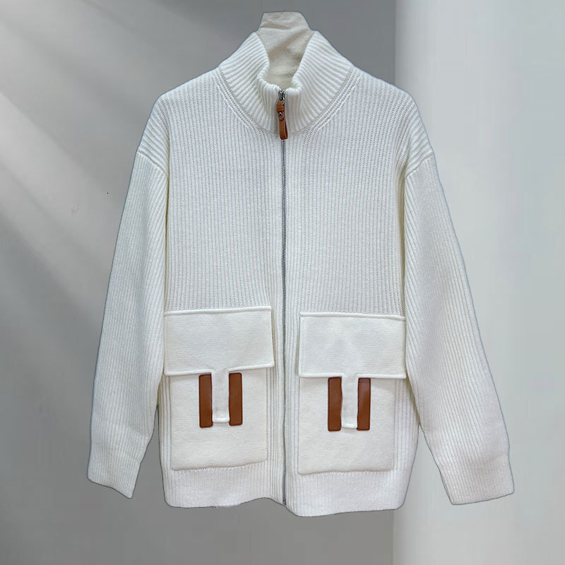 Luxury Designer Women's Cashmere Zip Up Coat Classic Simple High Neck Notch Collar Long Sleeve Loose Knit Cardigan Multiple Colors Two Pockets Wa