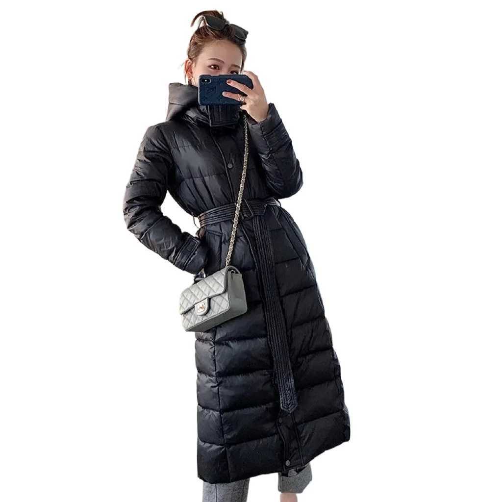 Black duck down Hooded Coats Winter 2025 New Fashion Womens Slim Warm Pike Down Jacket Female With Waist belt Long Overcoat W251016