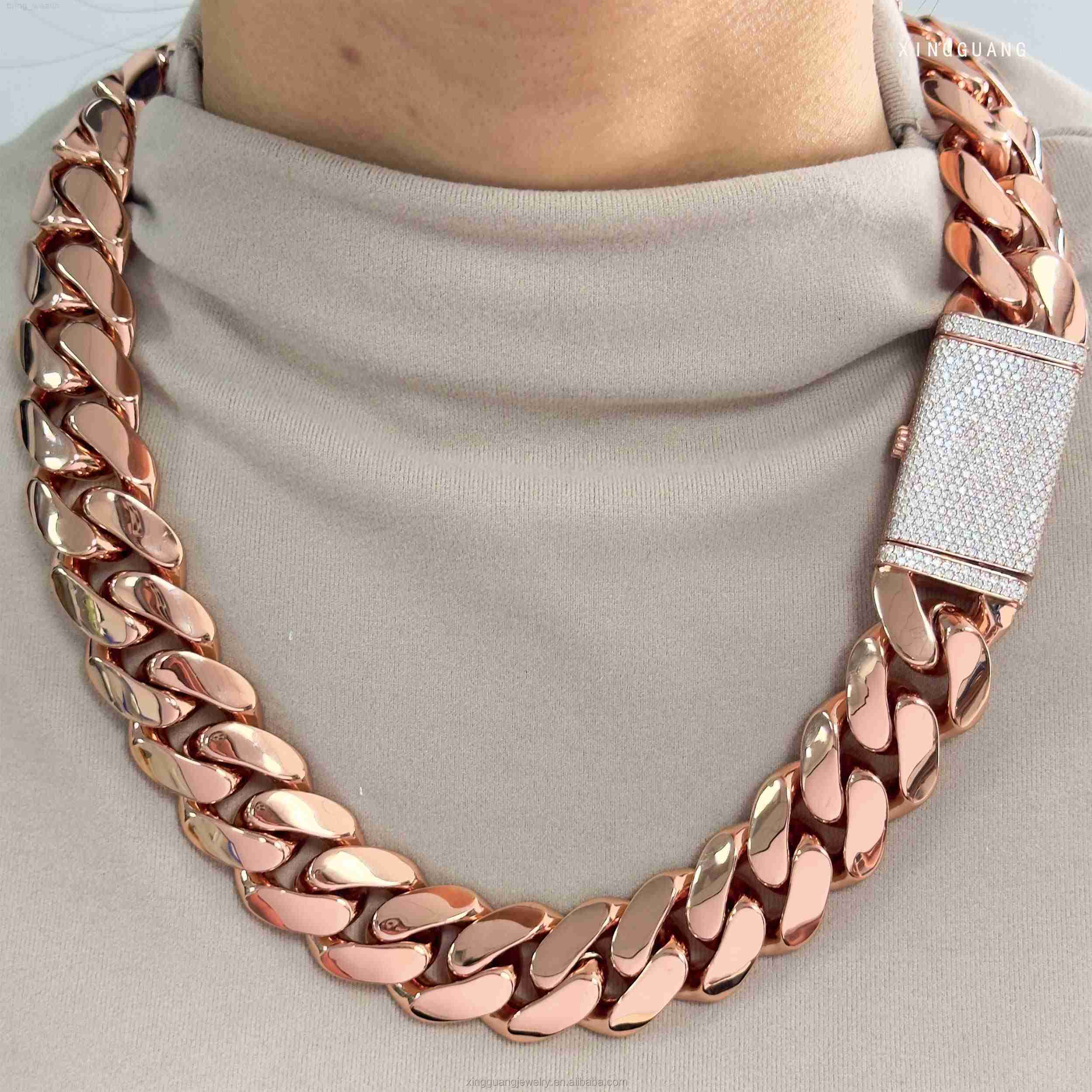 Customized Trend Rose Gold Plated 24MM Wide Miami Cuban Lidynamic Chain Solid Silver Men Chain Moissanite Lock Cuban Chain Necklace Jewelry