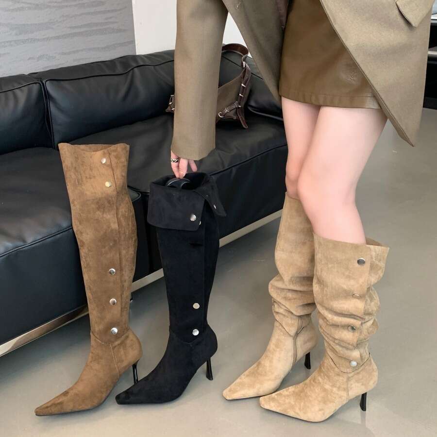 2025 French Style Women's Designer Shoe - Stacked Stiletto Heel Over-the-Knee Long Wrinkled Denim Riding Boots Casual & Chic