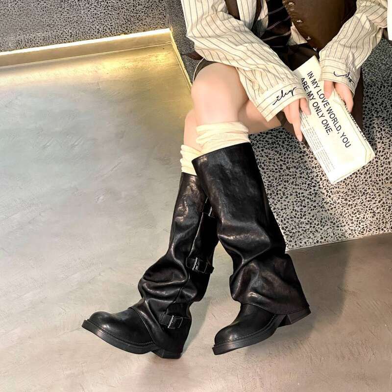 Cameido Western Cowboy Belt Buckles Autumn Winter Wasteland Style Folded Pile Long Boots With Trouser Legs