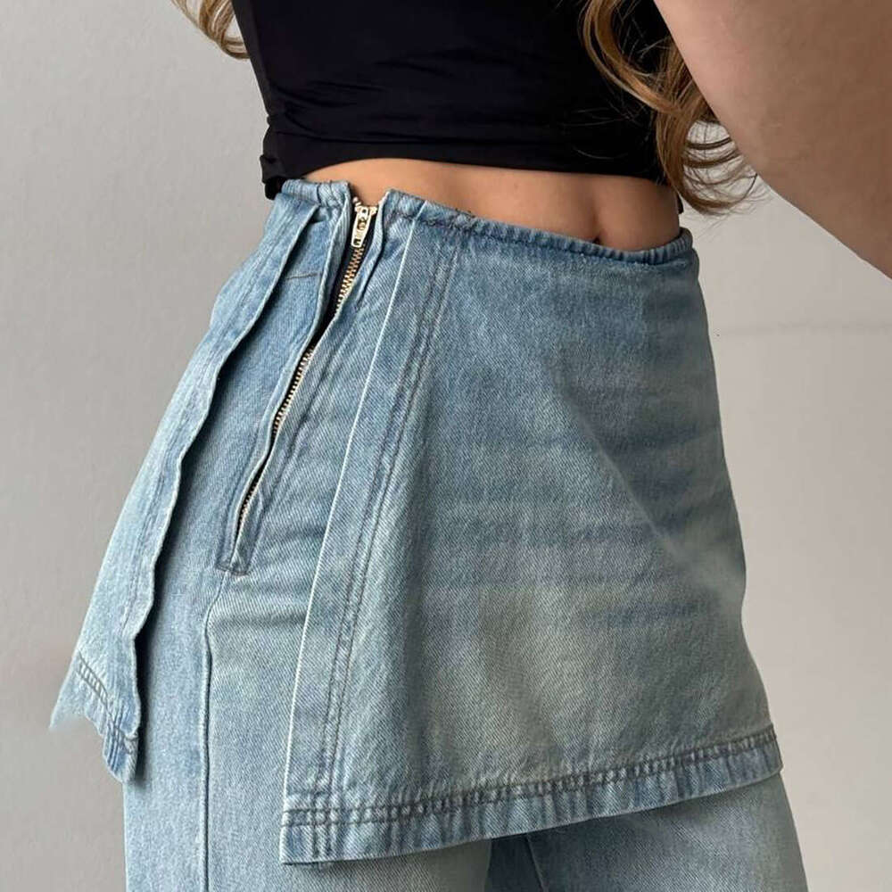 Fashion Side Zipper Fake Two-Piece Jeans Patchwork Washed High Waist Irregular Eight-Point Wide-Leg Autumn Winter B5