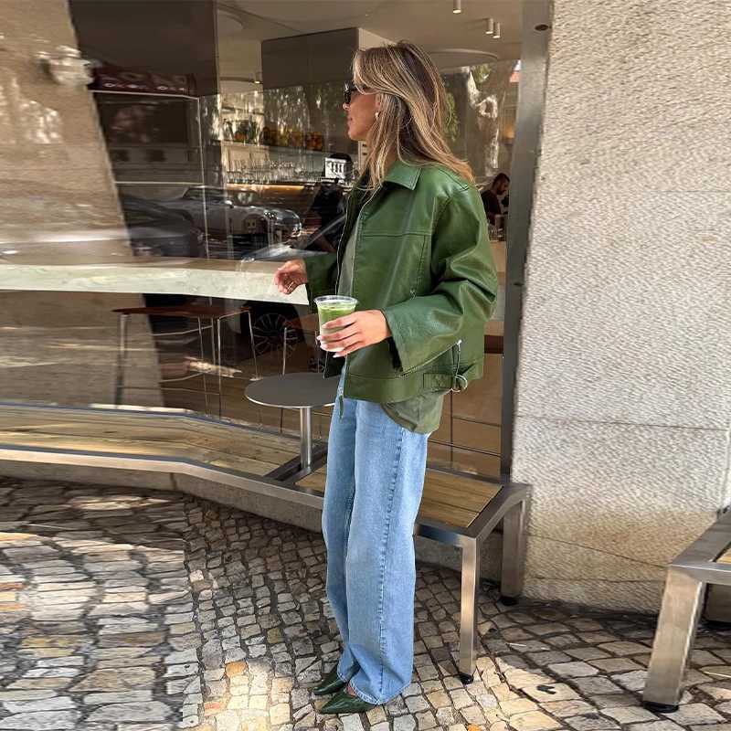 Vintage Green Long Sleeve Lapel PU Leather Jacket Women Short Coat Zipper Button 2025 Spring Autumn High Street Outerwear TopsT251017