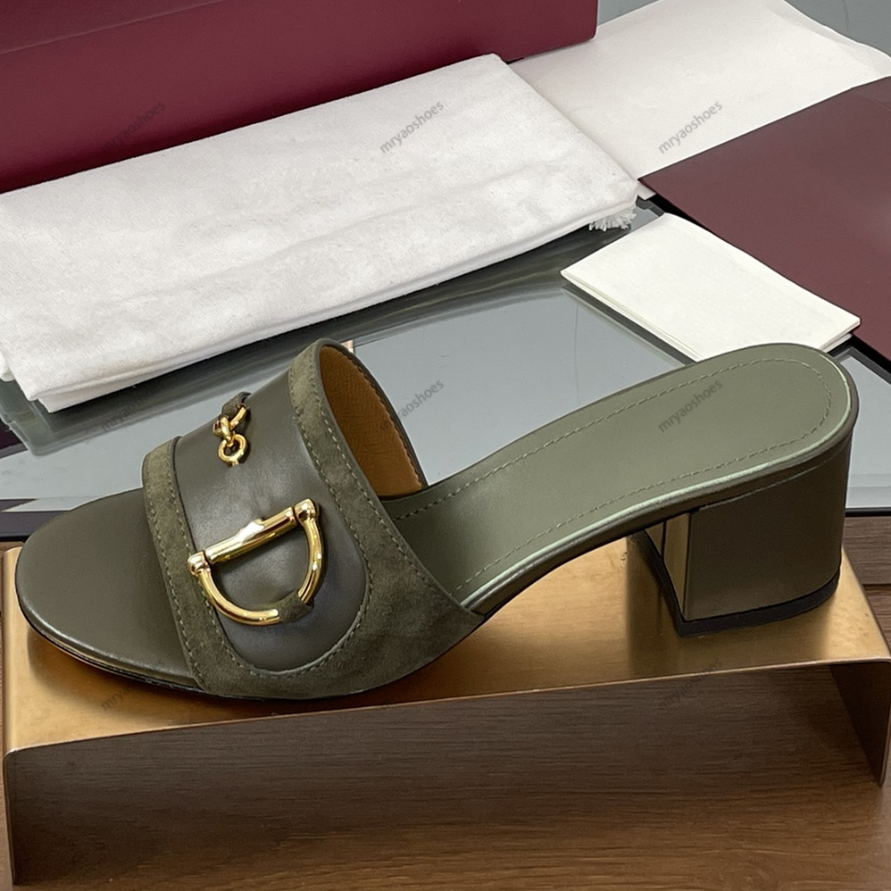 high heel slippers designer sandals women Hardware buckle Open-toe mid-heel chunky casual shoes Top Quality Genuine Leather Luxury Dress Shoes Size 35-42 With Box