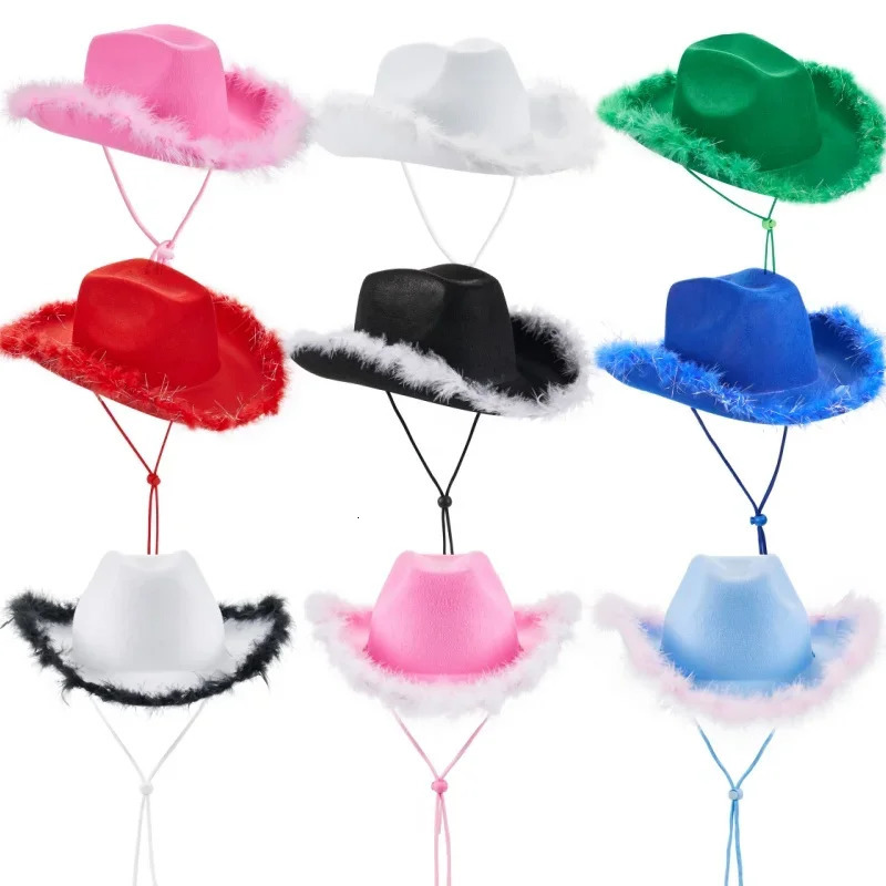 Women Cowboy Hat Solid Color Fuzzy Trim Wide Brim Cap Sun Hat for Party Fashion 251015