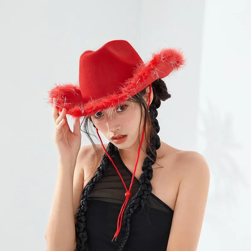 Women Cowboy Hat Solid Color Fuzzy Trim Wide Brim Cap Sun Hat for Party Fashion 251015