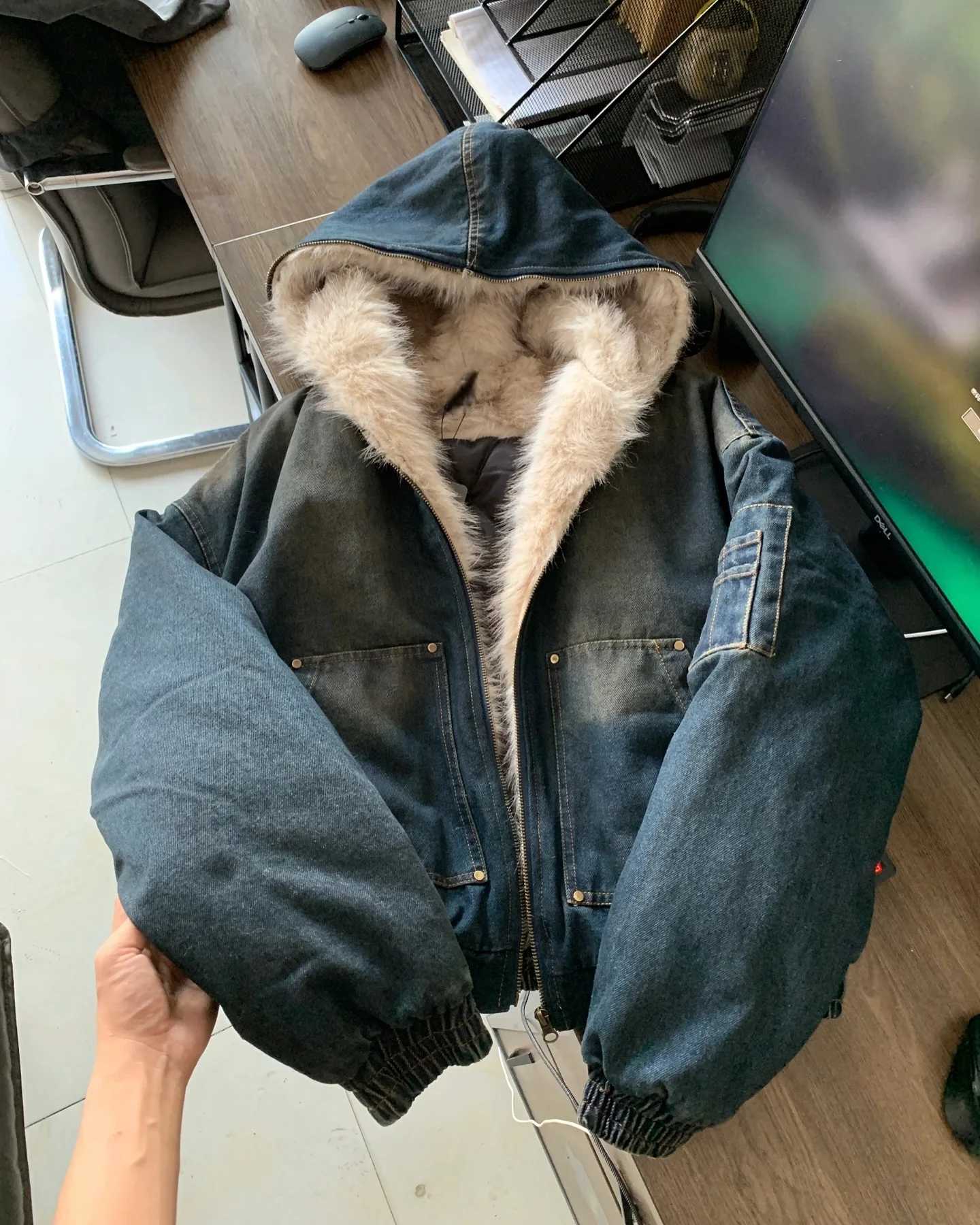 Gothic Harajuku Washed Blue Hoodie Jacket Y2K Clothes Mens Womens Winter Warm Plush Denim Jacket Fashion Casual Coats W251016