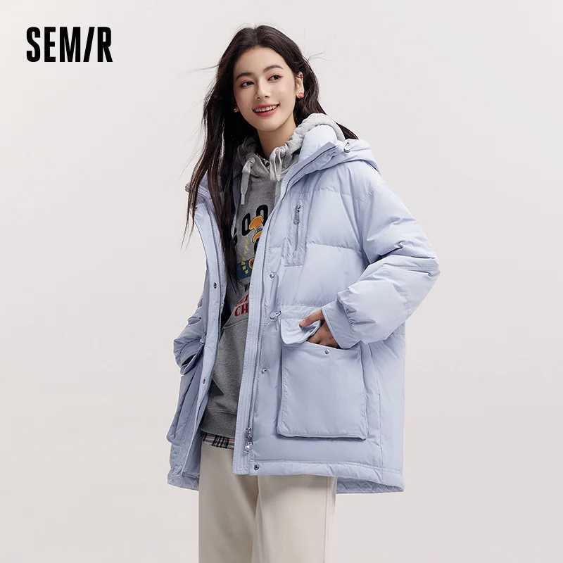 Semir MidLength Down Jacket Women Hooded Loose Fit Waist Cinching 2025 New Winter Minimalist Style W251016