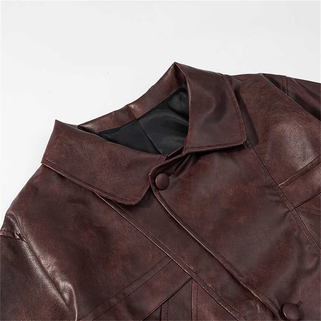 Womens Retro Brown Leather Jacket Loose Fit SingleBreasted Lapel Casual Street Style ThreeButton Fall 2025T251017