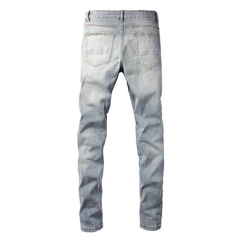 Men Leather Patches Denim Jeans Streetwear Holes Ripped High Stretch Pants Light Blue Skinny Tapered Trousers Y251105