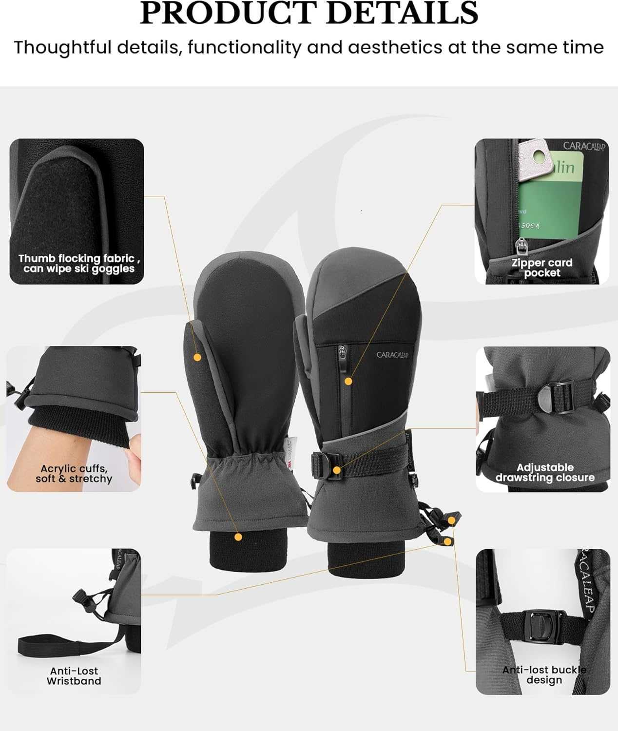 Snow Ski Mittens Waterproof Winter Gloves Men Women Gray ML Z251017