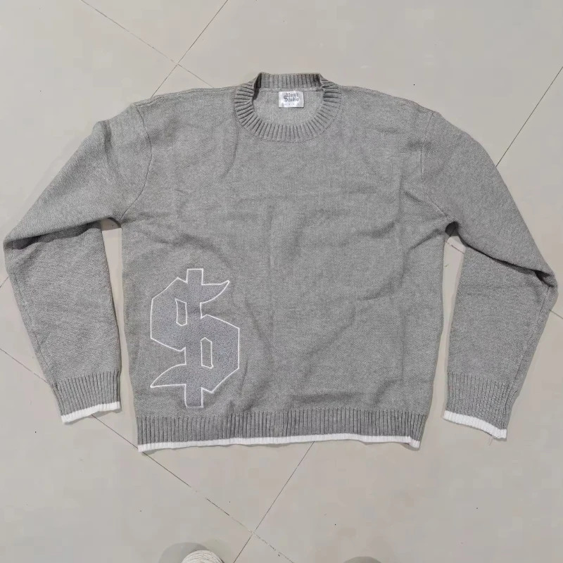 European American autumn and winter round neck gray knitted sweater pattern Y2K pullover warm men and womens clothes 251017