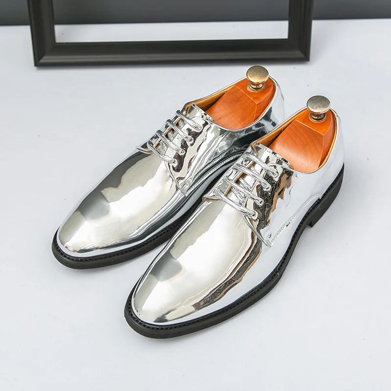 Silver Man Patent Leather Shoes Large Size 3850 Party Dress Wedding Shoes Men Pointed toe Leather Shoes Oxford 251010
