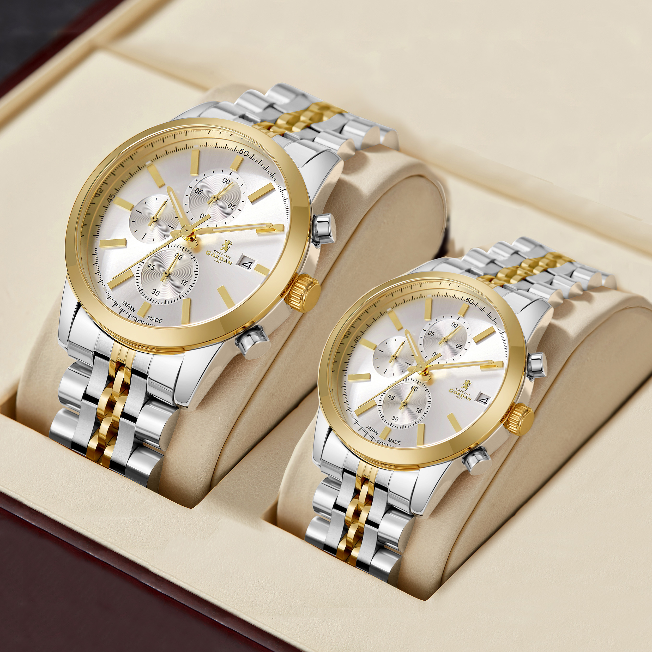 Couple Dress Watch Luxury Stainless Steel Men's & Womens Quartz Chrono Designer Couple Gift Watch with VD53 Japan Movement