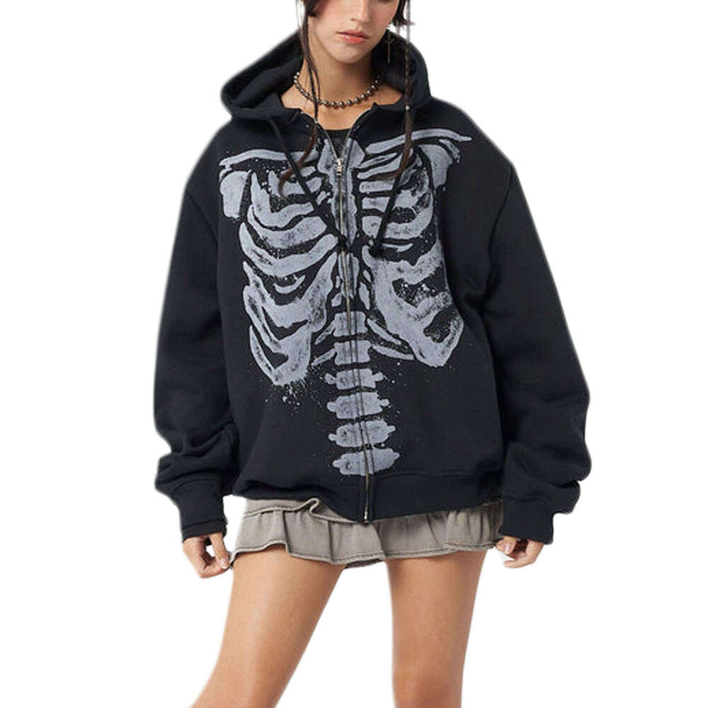 Women's Spring Autumn Hooded Coat Black Fashion Long Sleeve Skull Print Zipper Women's Hoodie
