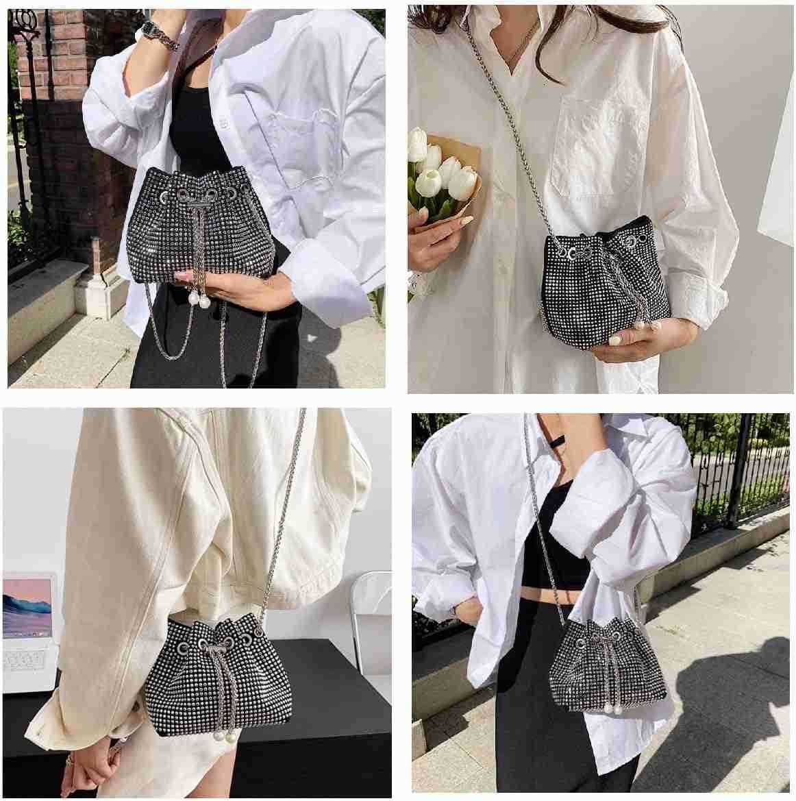 Womens Sparkly Rhinestone Purse Glitter Handbag Evening Drawstring Bucket Crossbody Bag for Wedding Party Prom Z251017