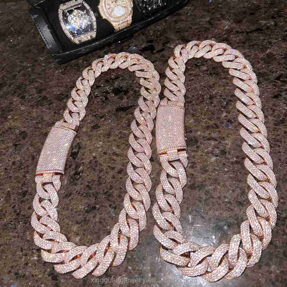 Heavy Silver 22mm Wide Necklace Iced Out VVS Moissanite Diamond Rose Gold Plated 925 Silver Cuban Lidynamic Chain for Hip Hop Jewelry