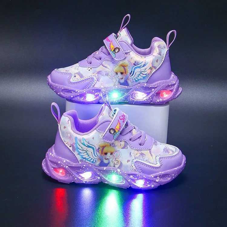 Girls LightUp Elsa Sneakers Spring 2025 Breathable Mesh Leather Sports Shoes Versatile School Play WearT251017