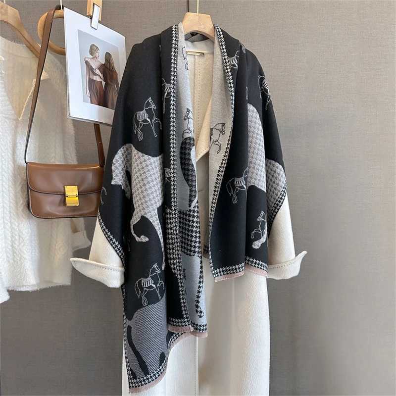 Women Winter Scarf Cashmere Shawls and Wraps Bufandas Horse Print Warm Thick Scarves Blanket for Lady 2025 C251017