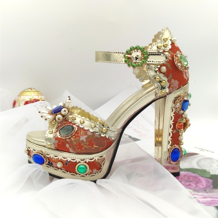 Womens Spring/Summer Diamond Pearl Flower Thick Sole Waterproof Platform High Heel Open Toe Bag Heel Sandals 250228