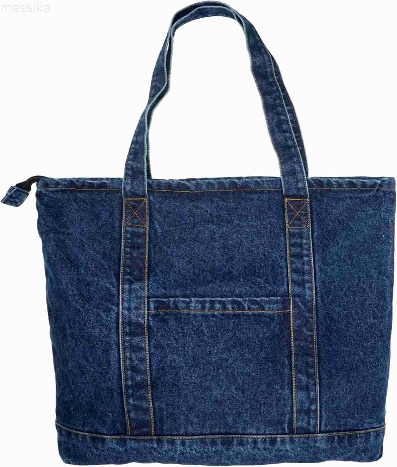 Denim Tote Bag Casual Style Lightweight Classic Retro Travel Shopper Shoulder Handbag M251017