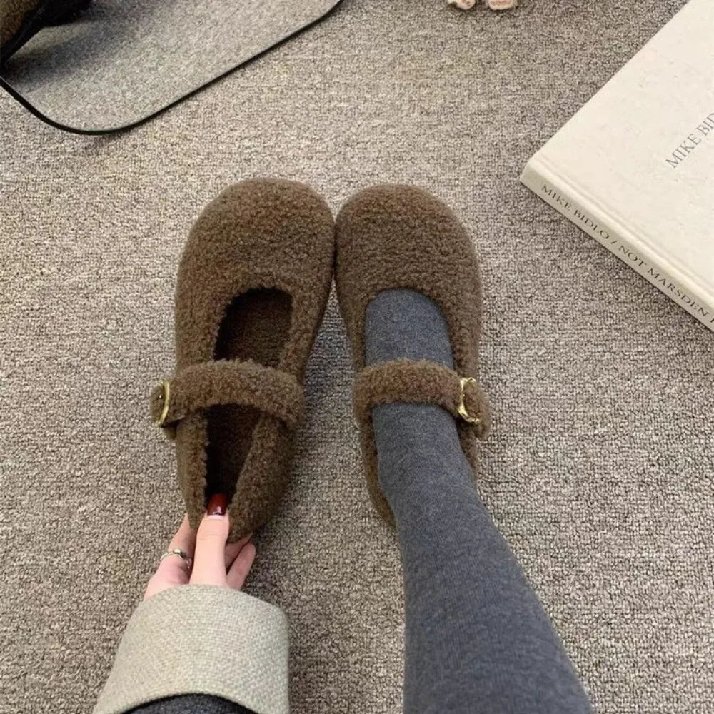 Fashion Round Toe Wool Ballet Flats Warm Plush Loafers Ladies Fluffy Mary Jane Shoes in Red Grey 251013