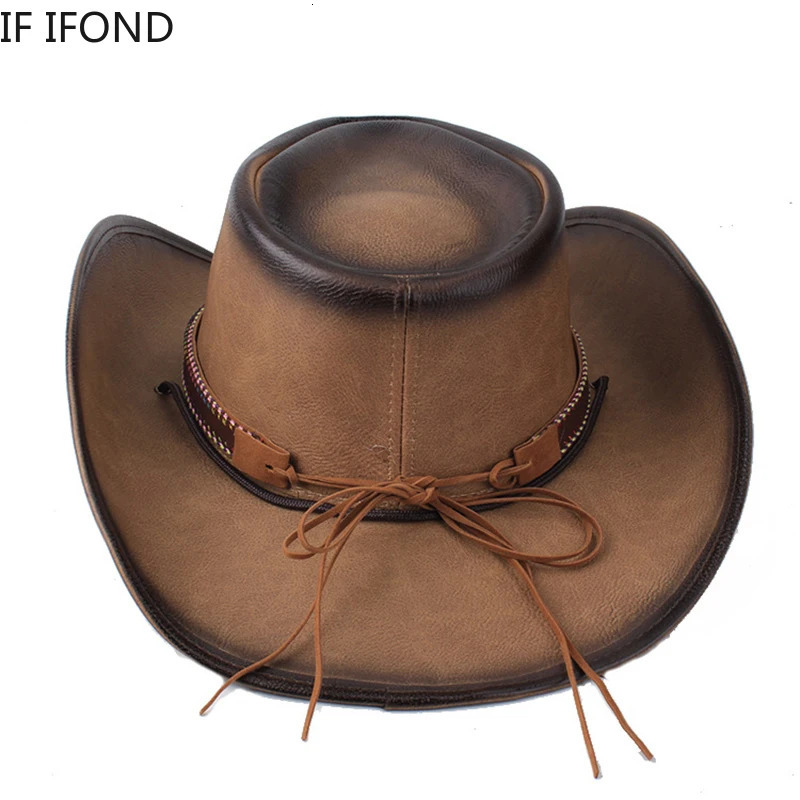 100 Leather Men Women Western Cowboy Hat Wide Brim Godfather Hats Gentleman Church Sombrero Hombre Jazz Cap 251015