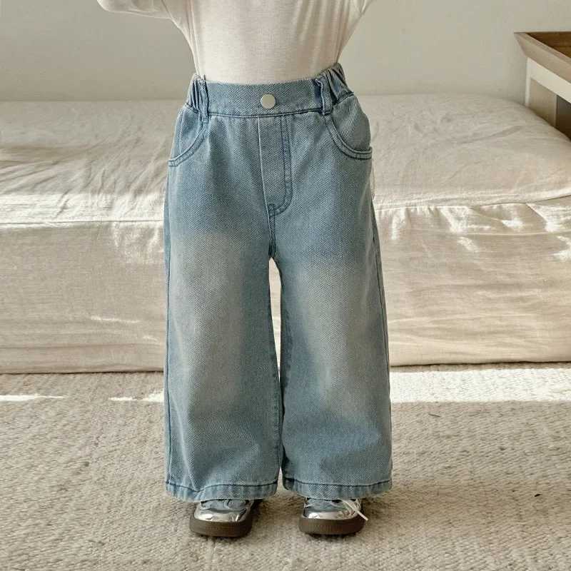 Girls Lace Straight Leg Jeans 2025 Spring Children Clothing Pants Children Korean Wide Leg Denim PantsT251017