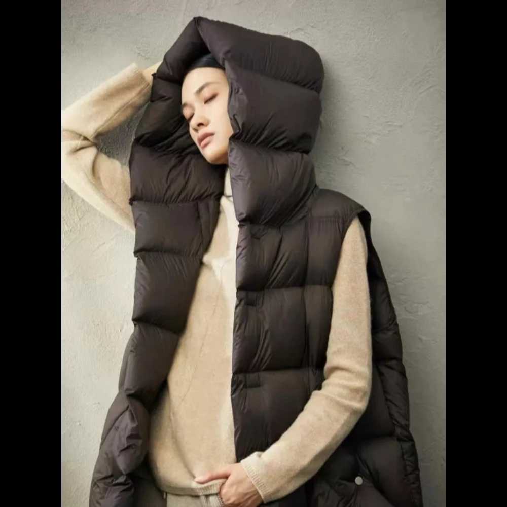 Womens Monochromatic Hooded Long Down Jacket Vest SingleBreasted Sleeveless Outerwear Ultralight Medium Length Models W251016