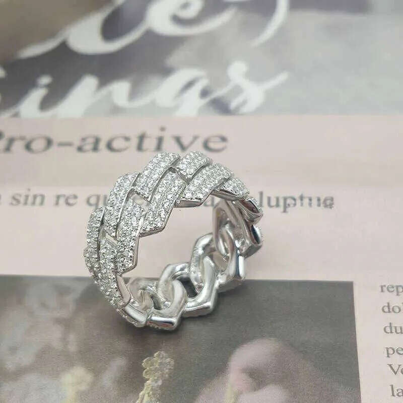 Custom Moissanite Cuban Ring S Sier with 2rows Hip Hop Mens White Gold Plated Vvs Dia Rings