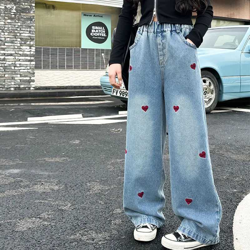 autumn 4 6 8 10 12 14 teenager girls Love embroidery jeans junior kids Western Straight Leg Pants Casual Wide Leg trousersT251017