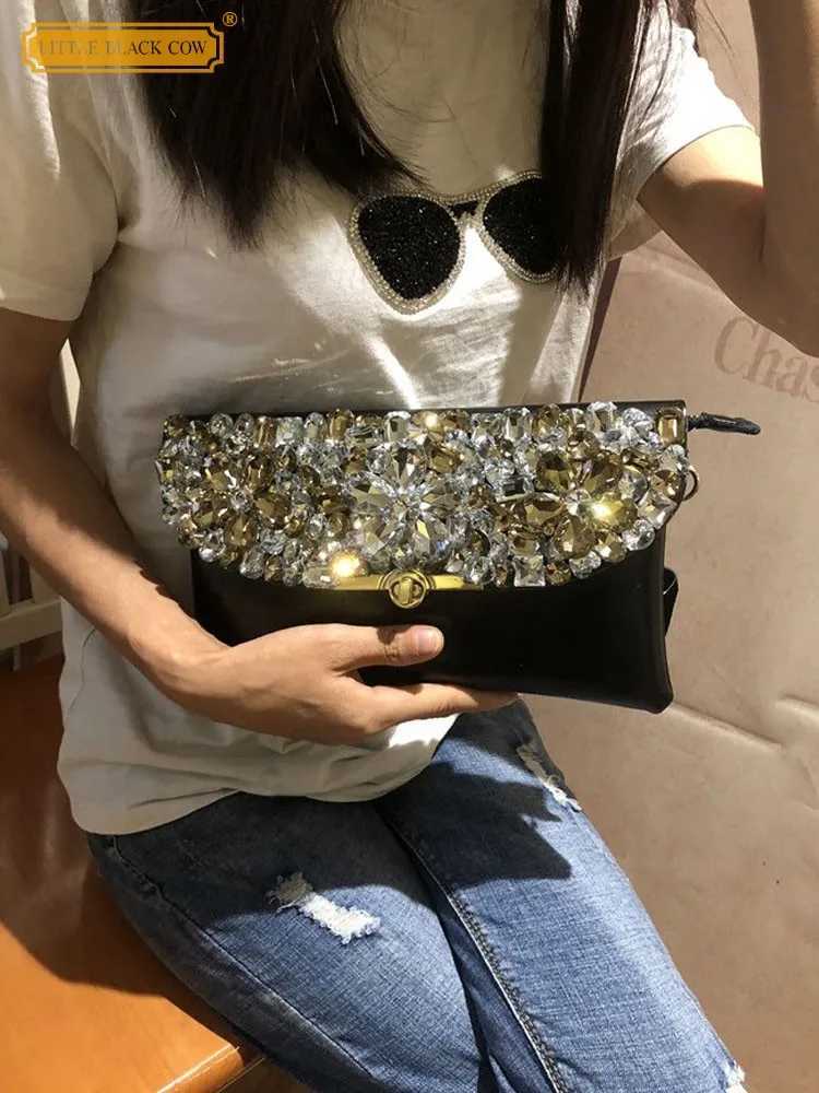 Cow Split Leather Clutch Bag Women Shiny Diamonds Handbag Flap Crossbody Envelope Messenger Bag Party Crystal Sling Shoulder Bag Z251017