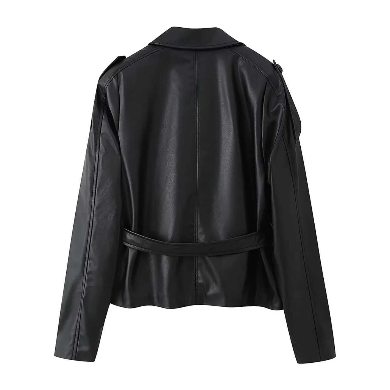 Woman Autumn Faux leather Jacket Solid TurnDown Collar Long Sleeves Pocket Belt SingleBreasted Female Streetweer CoatsT251017