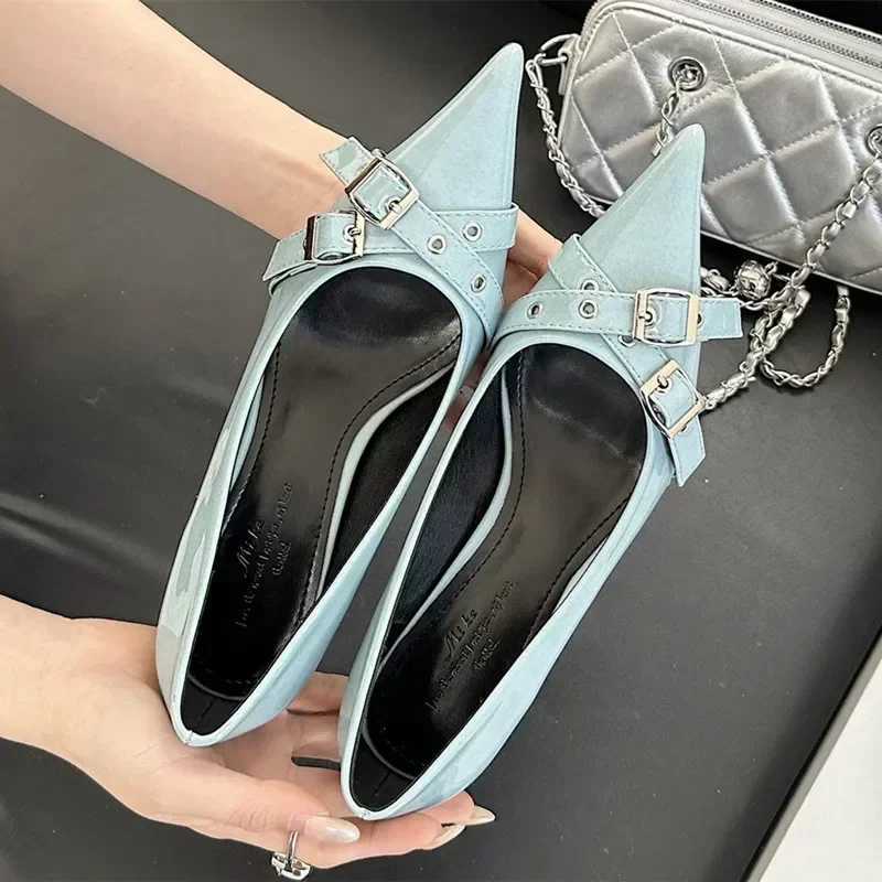 Elegant Patent Leather Metal Belt Buckle Designer Women Pumps Sexy Pointed Toe Thin High Heels High Quality Mary Jane Mules Shoe Z251015