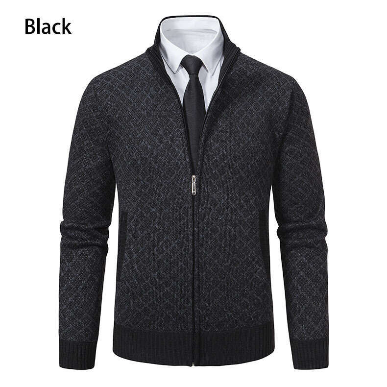 Autumn Winter Fashion Plaid Jacket Coat Men's Trendy Stand Collar Slim Fit Long Sleeve Casual Knitwear B5