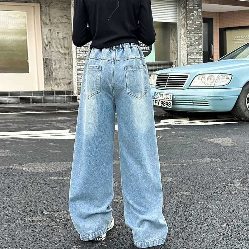 autumn 4 6 8 10 12 14 teenager girls Love embroidery jeans junior kids Western Straight Leg Pants Casual Wide Leg trousersT251017